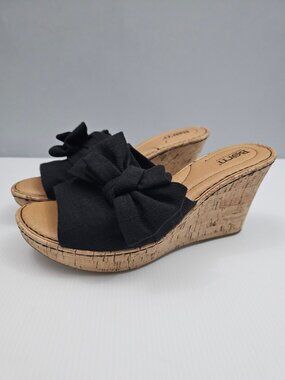 Born Cami Cork Wedge Sandal Womens 10 Black Canvas Bow Platform Slide